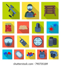 Paintball, team game flat icons in set collection for design. Equipment and outfit vector symbol stock web illustration.