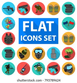 Paintball, team game flat icons in set collection for design. Equipment and outfit vector symbol stock web illustration.