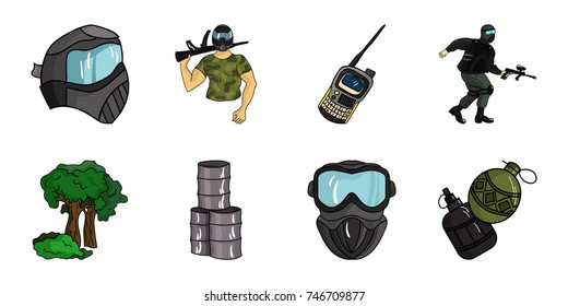 Paintball, team game icons in set collection for design. Equipment and outfit vector symbol stock web illustration.