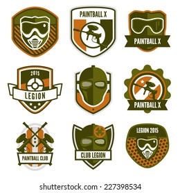 Paintball Team Logo Badge Or Club Emblem Set With Gun And Mask