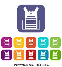 Paintball vest icons set vector illustration in flat style in colors red, blue, green, and other
