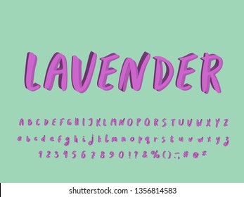 Paintbrush Alphabet lavender color. Vector letters and numbers