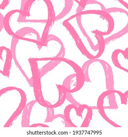 Paintbrush barbie pink hearts white background seamless pattern. Valentine`s day graphics for postcards, ads, wrapping paper