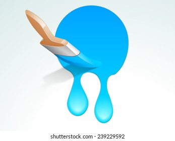 Paintbrush with blue color dripping paint on shiny background.