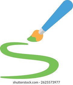 Paintbrush with blue handle and orange ferrule, bristles dipped in green paint, painting a wavy green line
