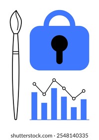 Paintbrush, blue lock with keyhole, and a bar chart with a line graph. Ideal for art security, data analysis, creative protection, digital security, and creativity. Modern minimalistic style