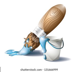 Paintbrush with blue paint and paintbucket, EPS 10, isolated