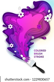 Paintbrush and colored paint brush stroke. Vector paper cut illustration. Pink, purple, violet color paint layers.