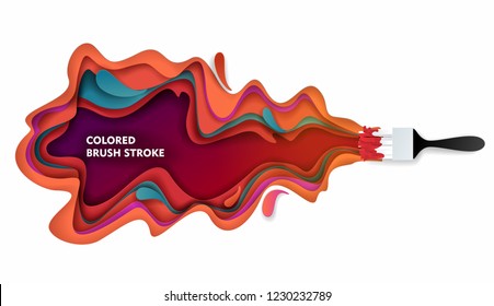 Paintbrush and colored paint brush stroke. Vector paper cut illustration. Colorful paint layers in paper craft style.