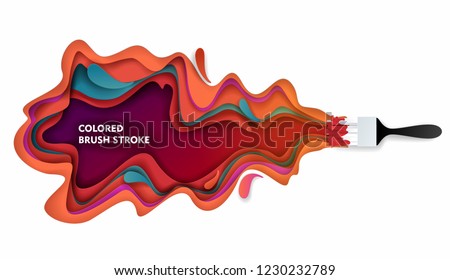 Paintbrush and colored paint brush stroke. Vector paper cut illustration. Colorful paint layers in paper craft style.