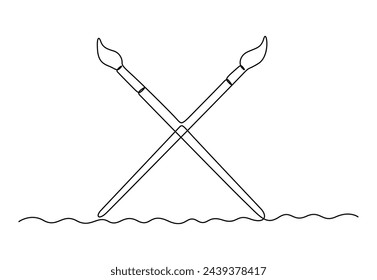 Paintbrush continuous single line drawing. Isolated on white background vector illustration.