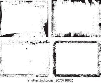 Paintbrush damaged grungy border for aged photo effect. Four rectangle vector frames.