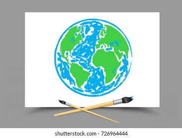 Paintbrush drawing planet Earth on white paper on gray background. Geography and ecology lesson. Theme of education