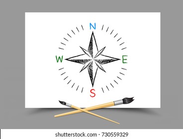 Paintbrush drawing world map directions on white paper on gray background. Geography and ecology lesson. Theme of education