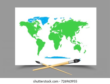 Paintbrush drawing world map on white paper on gray background. Geography and ecology lesson. Theme of education