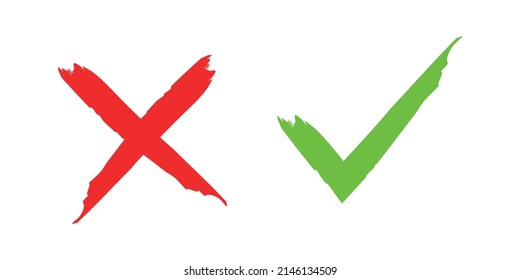 paintbrush green checkmark and Red cross isolated on white background. yes and no icon. Vector illustration.