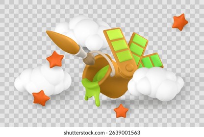 Paintbrush, Green Paint Bucket, and Color Palette in Cute 3D Cartoon Style with Stars and Clouds. Fun Art and Design Concept. Vector Illustration.