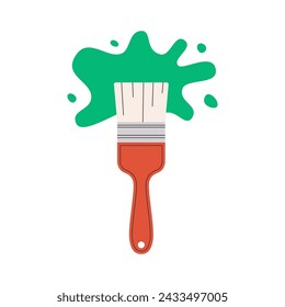 Pincel con salpicadura de pintura verde. Ilustración vectorial plana aislada sobre fondo blanco.