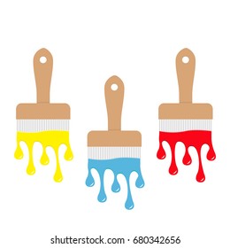 Paintbrush icon set. Blue, yellow, red color drops. Flowing down dripping paint. Flat design Decoration element. White background. Isolated Vector illustration