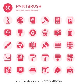 paintbrush icon set. Collection of 30 filled paintbrush icons included Sculpture, Palette, Graphic design, Paint roller, Layout, Paint palette, Paint brush, Color palette, Paint bucket