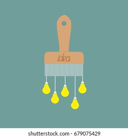 Paintbrush icon with yellow light bulb drops. Hanging lamp icon set. Dash line. Flowing down dripping paint. Flat design Decoration element. Blue background. Isolated Vector illustration