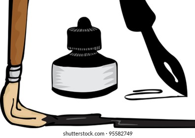 Paintbrush, ink pen and bottle isolated over white