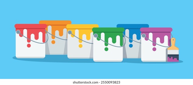 pincel e baldes de pintura com ilustração de vetor de cores