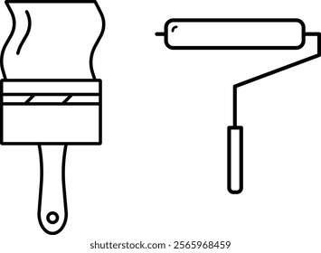 Paintbrush and Paint Roller Icon Outline - Construction and Painting Tools Design