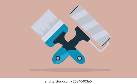 Paintbrush and paint roller tools vector - Illustration of painting job objects in side view flat design, with turquoise colour on beige background