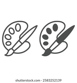 Paintbrush and palette line and solid icon, art and culture concept. Vector graphics. Artist palette with brush sign on white background, outline style icon for mobile or web design