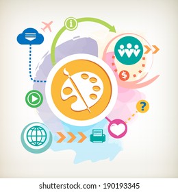 Paintbrush and palette of paints on abstract colorful watercolor background with different icon and elements. Design for the web, print, banner, advertising.