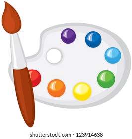 Paintbrush and palette of paints the seven colors of the rainbow