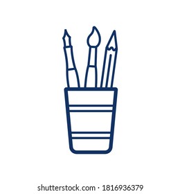 Paintbrush, pencil in a glass, icon on white background, vector illustration