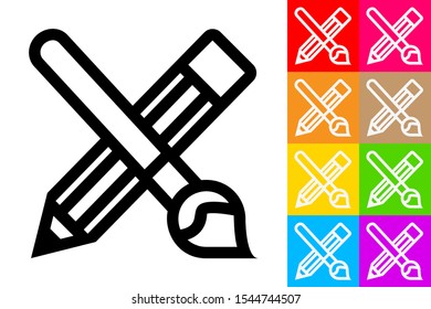 Paintbrush and Pencil. Line Icon With Different Color Background.