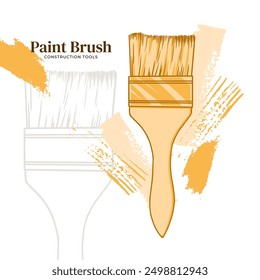 Paintbrush with random strokes on background. Yellow monochrome vector illustration. Working tool for painting and art works. Applying paint. Construction store, banner, background, packaging, label