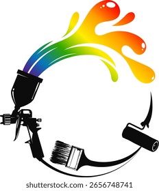 Paintbrush, roller and spray gun with colored paint. Sign for painting works