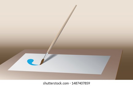 A paintbrush, Sheet of paper. Drawing on paper.