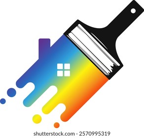 Paintbrush with streaks and drops of colored paint in the shape of a house