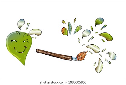 Paintbrush in the stroke with lots of merry drops of paint, vector illustration in color with lines of the contour