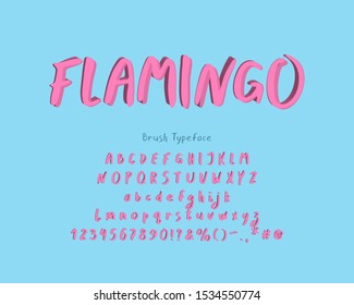 Paintbrush vector Typeface. Flamingo pink colors, blue background. Uppercase and lowercase alphabet letters, numbers. Original 3D font for modern deisgn