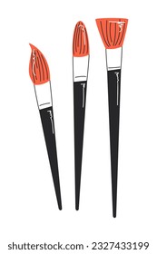 Paintbrushes doodle set, art tools, stationery equipment, hand drawn icons. Black handle and orange bristle. Flat modern vector illustration isolated on white background