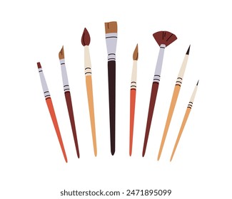 Kit de pinceles para dibujar y pintar. Colección de pinceles, conjunto. Herramientas de arte, papelería con diferentes tipos de cerdas, Formas y tamaños. Ilustración vectorial plana aislada sobre fondo blanco