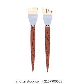 Paintbrushes for painting. Paint brushes with angular wash bristles. Artists wide drawing tools with wood handle, straight and angled toe. Flat vector illustration isolated on white background