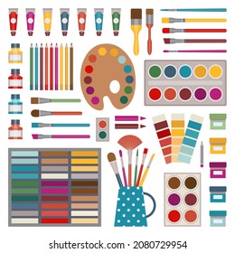 Paintbrushes and paints for drawing. Artist material flat set. Painting arts tools collection with brushes, palette, colored pencils, pastel, fluids, acrylic tubes, oil, inks and color samplers.