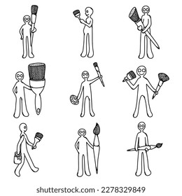 Pinceles de pintura y conjunto de iconos vectoriales de garabatos para personas. Línea dibujada a mano en la ilustración del esbozo de dibujo.