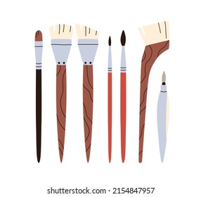 Paintbrushes set. Different paint brushes types. Thin and thick painting tools for drawing, wash, angled, liner art supplies of various shape. Flat vector illustration isolated on white background.