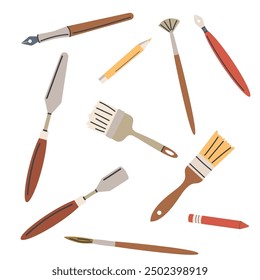 Paintbrushes set. Different paint brushes types. Set of hand drawn tools. Vector illustration in a flat style.