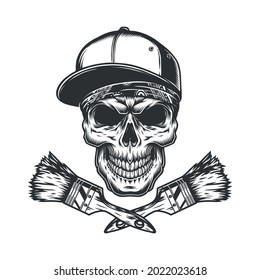 Paintbrushes and skull in baseball cap and bandana in vintage monochrome style isolated vector illustration