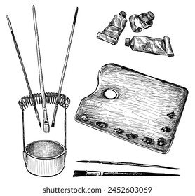 Paintbrushes,paint tubes,palette,artistic oil painting,tool objects professional creative, set sketch black and white hand drawn vector illustration isolated on white