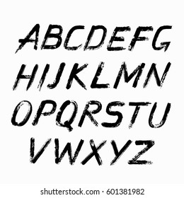 Painted Abc. Grungy design letters. Bold handwritten font. Sans serif alphabet. Distress texture. Brush strokes. Grunge torn edges style. Paintbrush italic symbols. Black white vector.